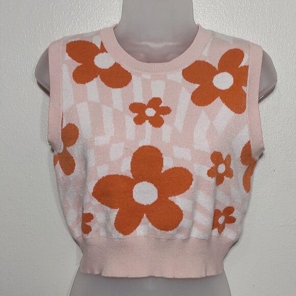 Altar'd State Retro Boho Crop Orange Floral Sweater Vest Good Cond - L Juniors - Picture 1 of 6